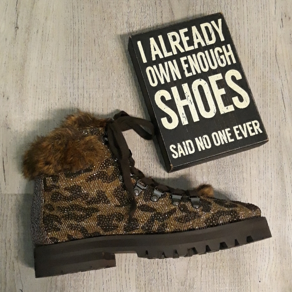 Jessica Simpson Rhinestone Leopard Norina Lace Up Hiking Boots NEW 5.5 Lug Sole - Picture 6 of 8